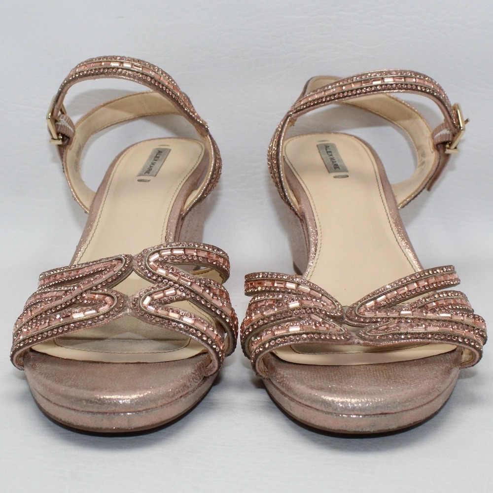 Alex Marie Rose Gold Metallic Rhinestone Strappy Wedge Sandals 3 Inch Heel W8.5
